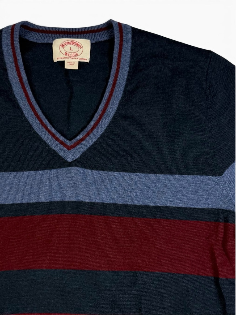 Brooks Brothers Extra Fine Merino Wool Striped V Neck Sweater Slim Fit Large